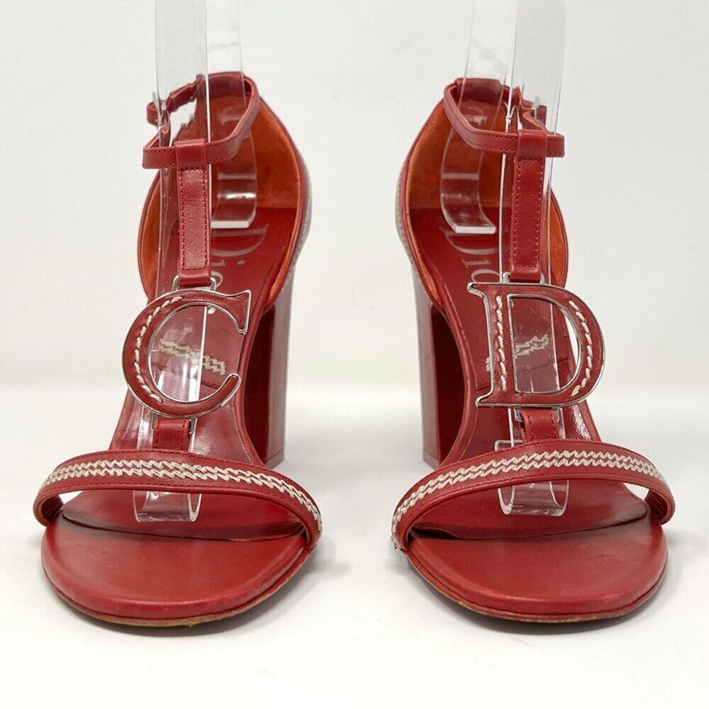 Dior 2005 Red Leather Logo Embroidered Block Heel Sandals- John Galliano Era - Picture 4 of 10